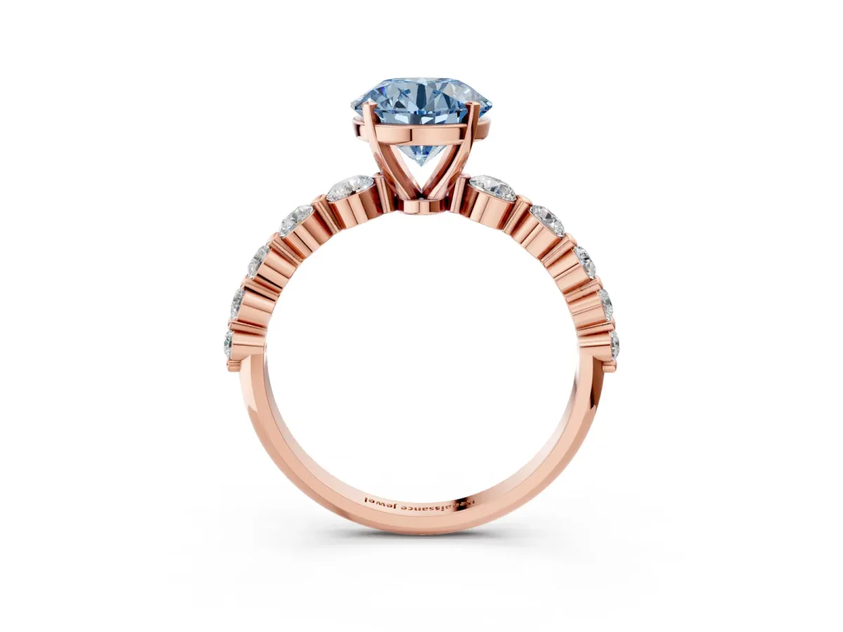 Fancy Blue Round Cut Solitaire Diamond Ring with Pave Band and Four-Prong Setting Rose gold