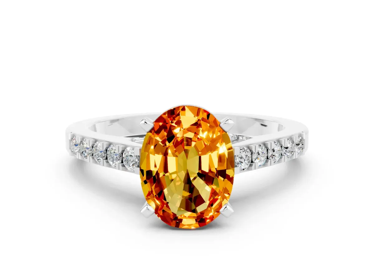 Oval Cut Citrine Solitaire Ring with Crossover Gallery and Round Pavé Band Silver