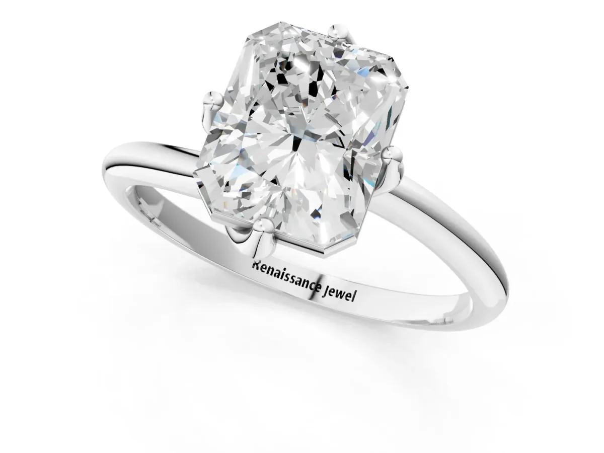 Radiant Cut Diamond Solitaire Engagement Ring with Four-Prong Setting and Classic Band Platinum