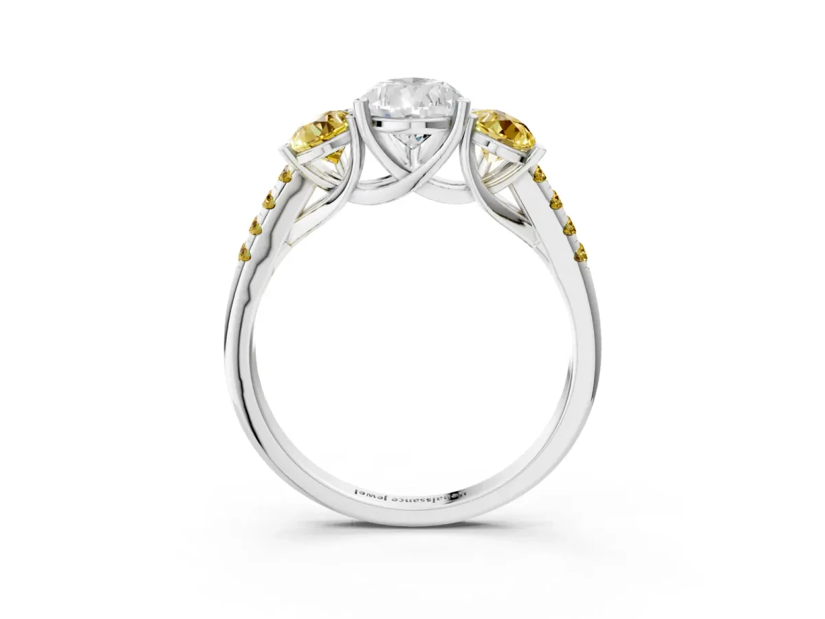 Three-Stone Pear Cut Diamond Ring with Round Yellow Sapphire Pavé Band and Prong Setting Silver