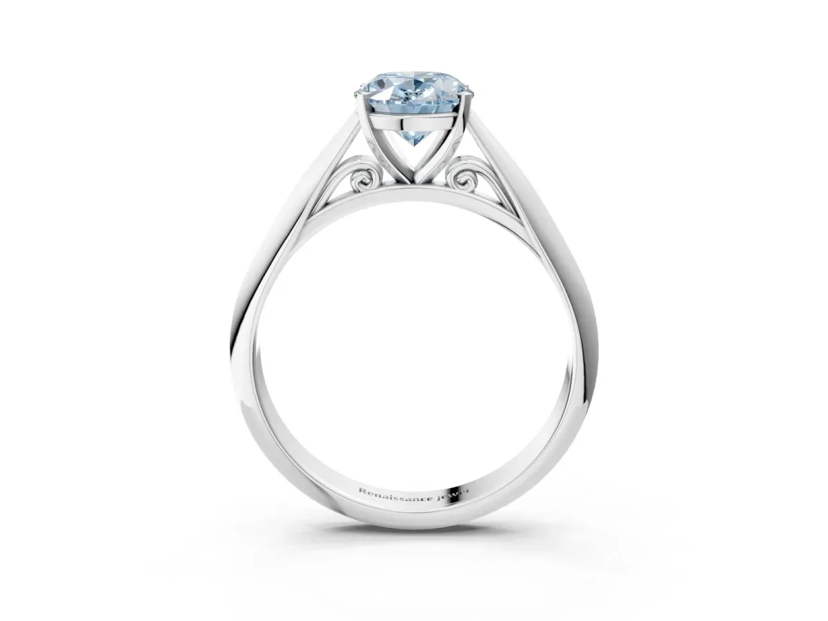 Fancy Blue Oval Cut Diamond Solitaire Engagement Ring with Cathedral Setting and Four-Prong Mount White gold
