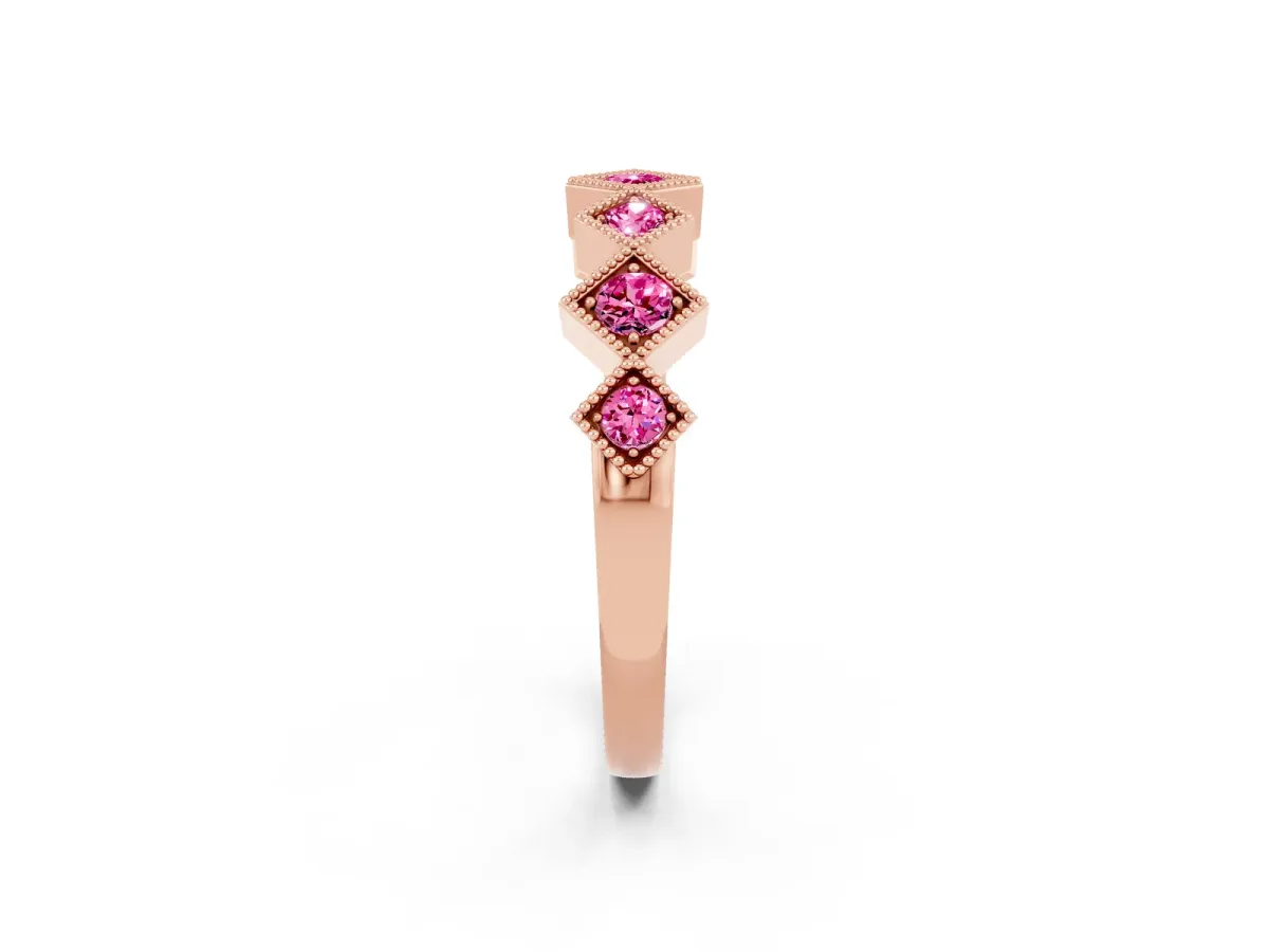 Milgrain Square Bezel Round Pink Sapphire Chevron Band Rose gold