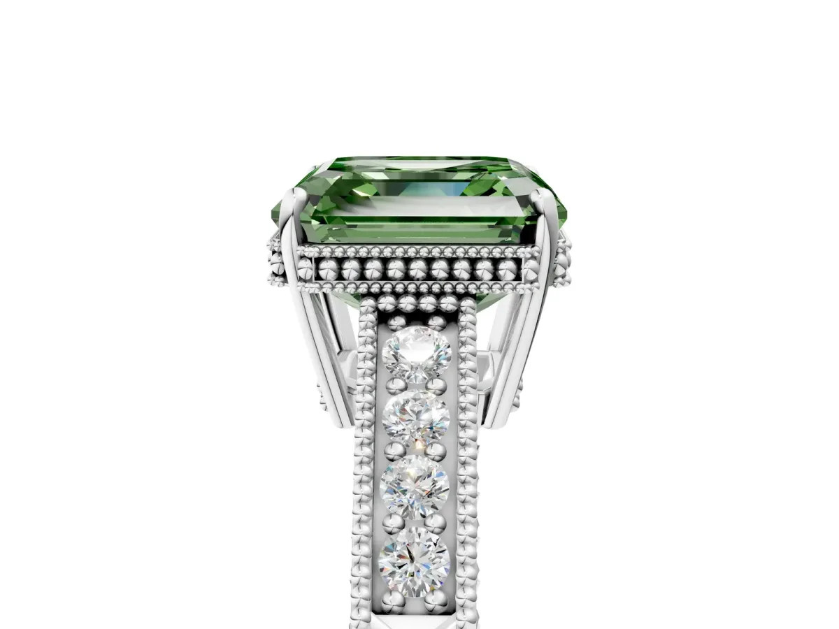Fancy Green Asscher Cut Cut Diamond Milgrain Pave Band Four-Prong Setting Ring Platinum