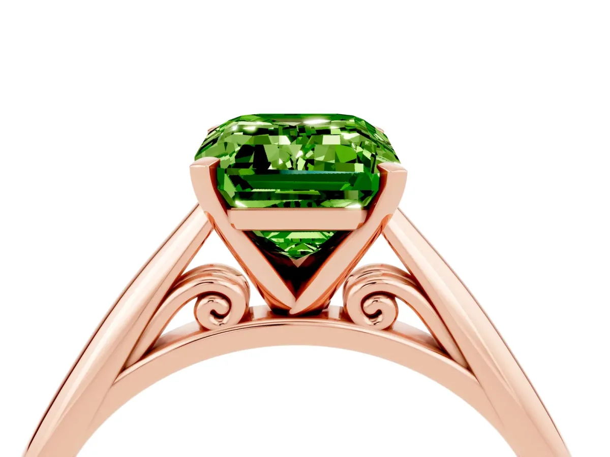 Emerald Cut Peridot Solitaire Engagement Ring with Cathedral Setting and Four-Prong Mount Rose gold