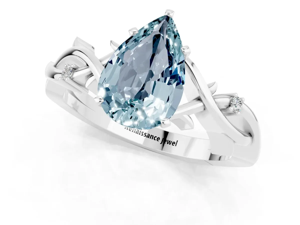 Pear Cut Aquamarine Solitaire Ring with Twisted Band and Prong Setting Platinum
