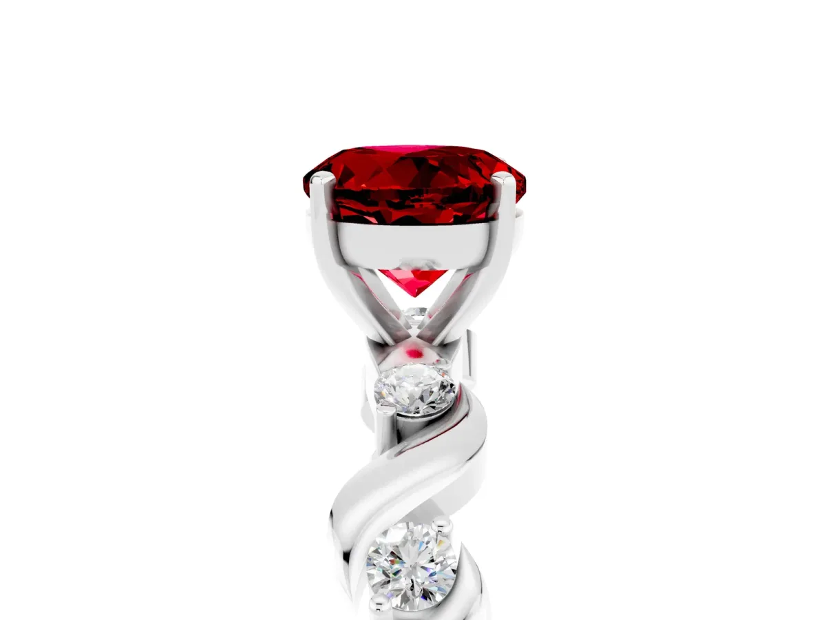 Round Cut Ruby Solitaire Twisted Band with Round Accents and Prong Setting White gold