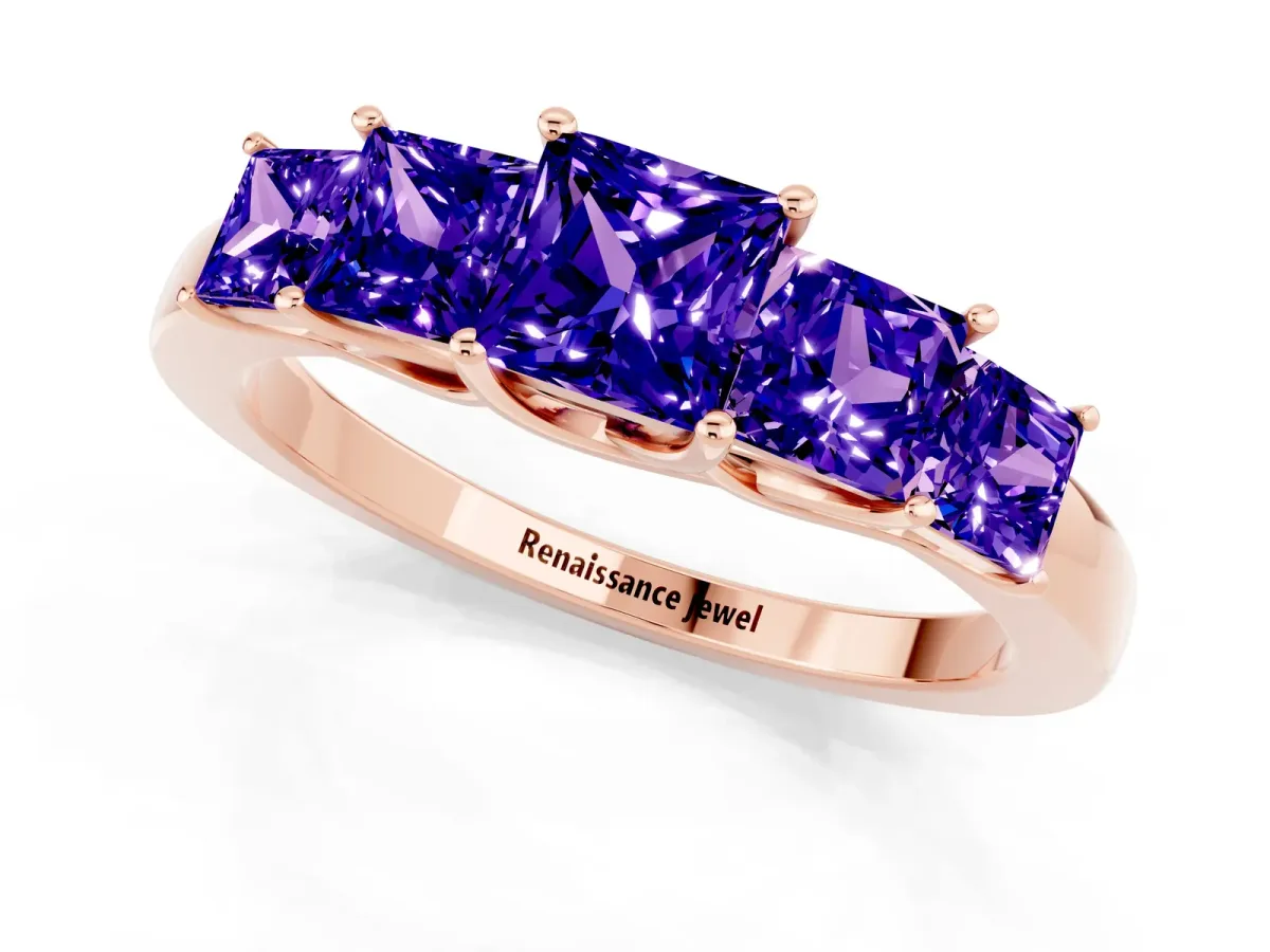 Princess Cut Five-Stone Tanzanite Ring with Classic Prong Setting Rose gold