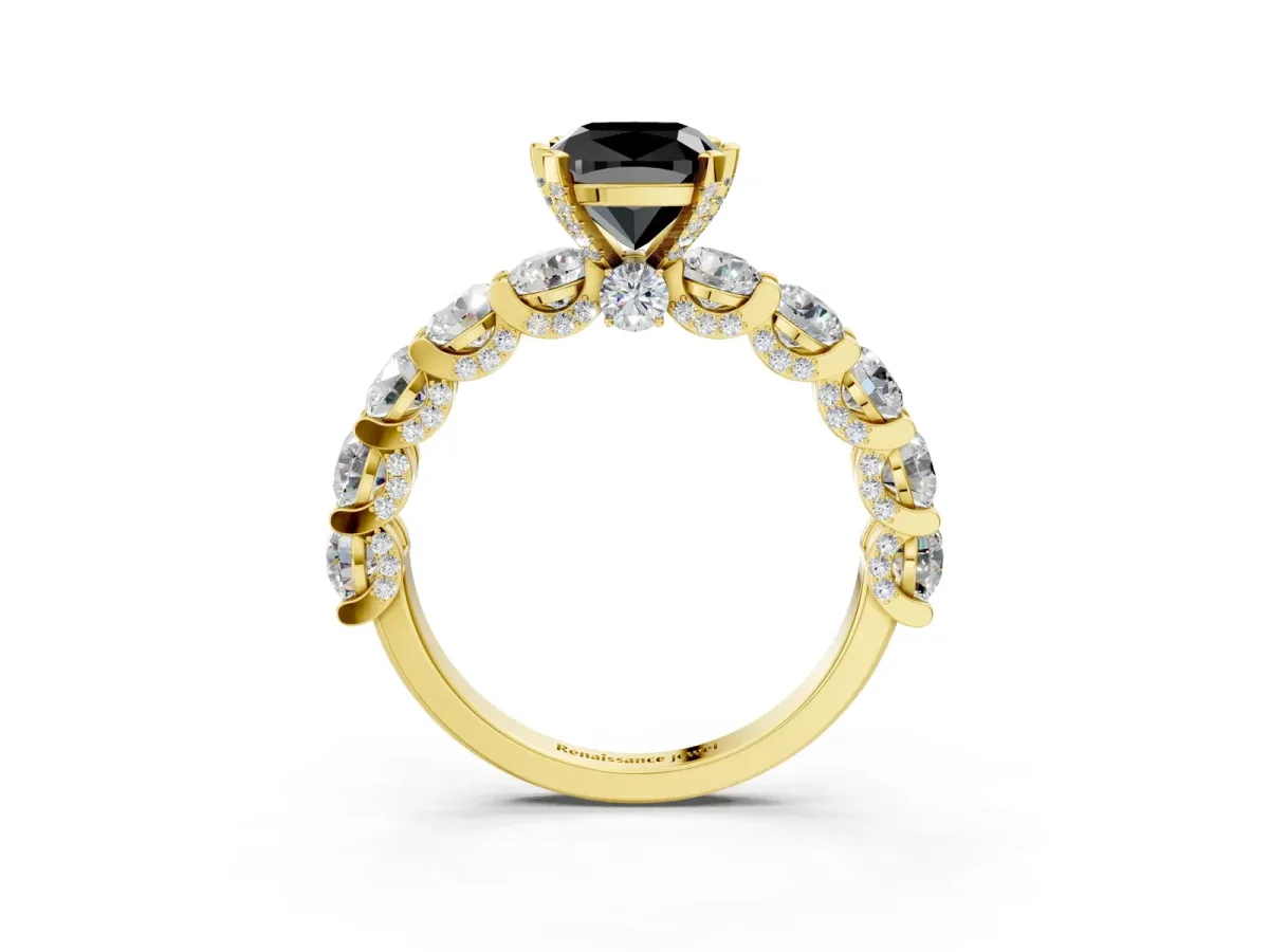 Fancy Black Cushion Cut Diamond Side Stone Engagement Ring with Four-Prong Setting Yellow gold