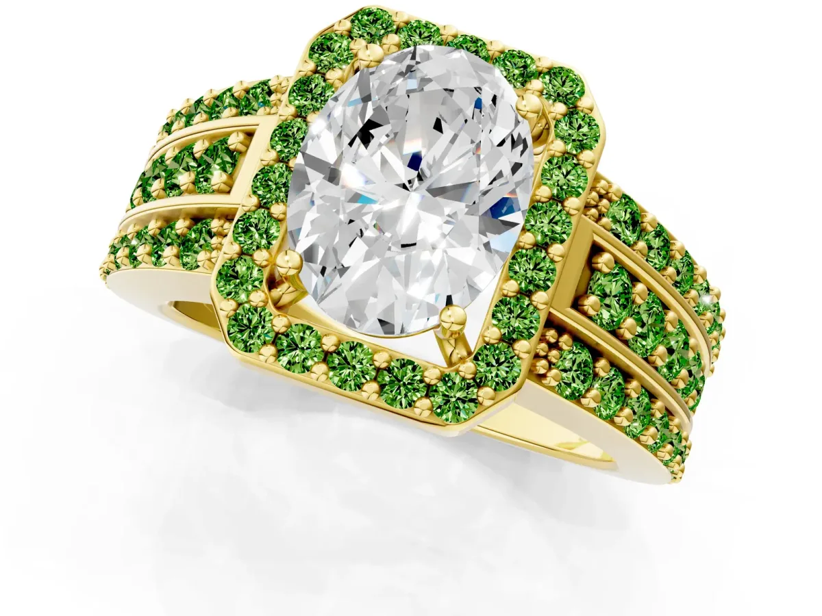Oval Cut Halo Diamond Ring with Round Peridot Split Shank and Prong Setting Yellow gold