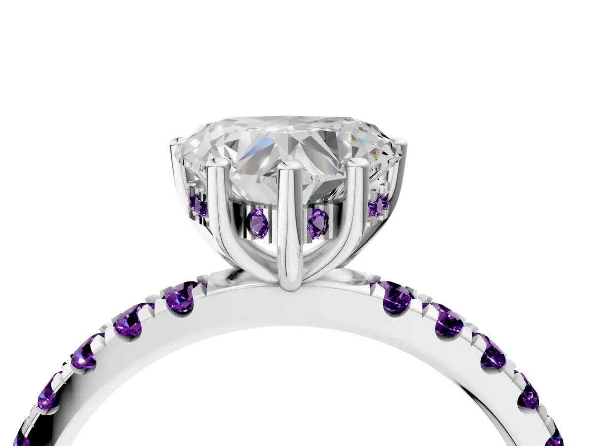 Heart Cut Diamond Pave Band Solitaire Ring with Round Amethyst and Prong Setting Platinum