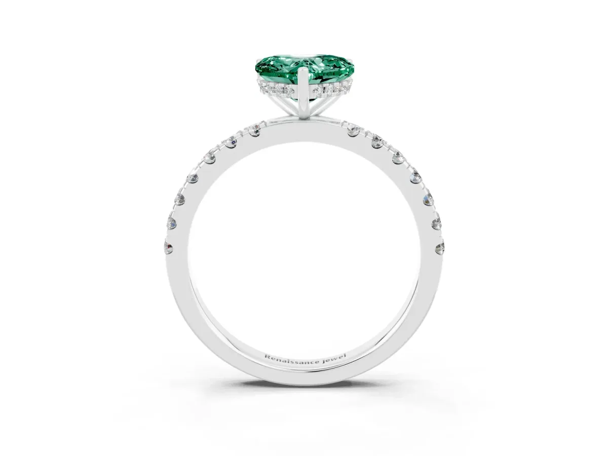 Heart Cut Green Sapphire Pave Band Solitaire Ring with Round and Prong Setting Silver