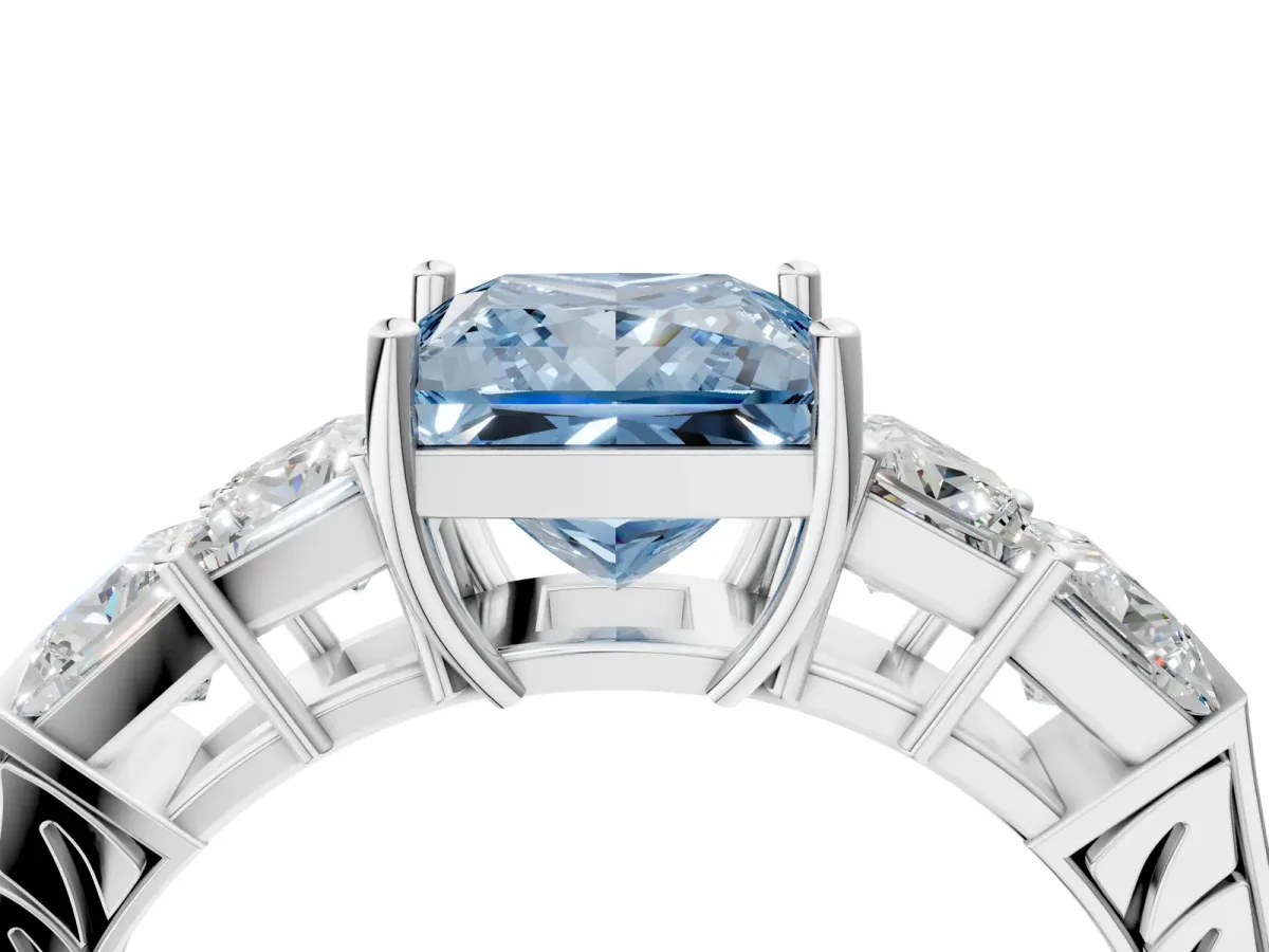 Fancy Blue Princess Cut Solitaire Princess Side Stone Engraved Band Prong Setting Ring Platinum