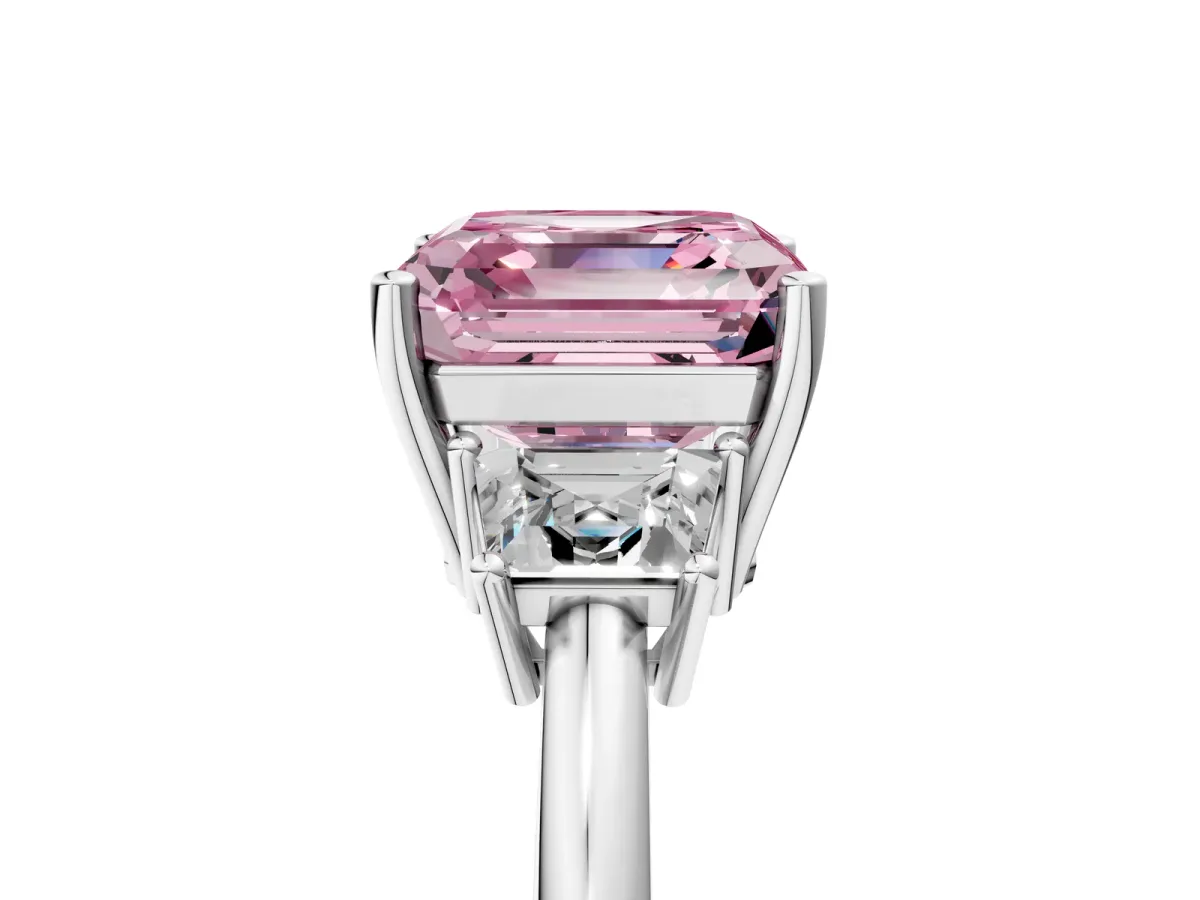 Fancy Pink Asscher Cut Diamond Three-Stone Ring with Trapezoid Side Stones and Prong Setting Silver