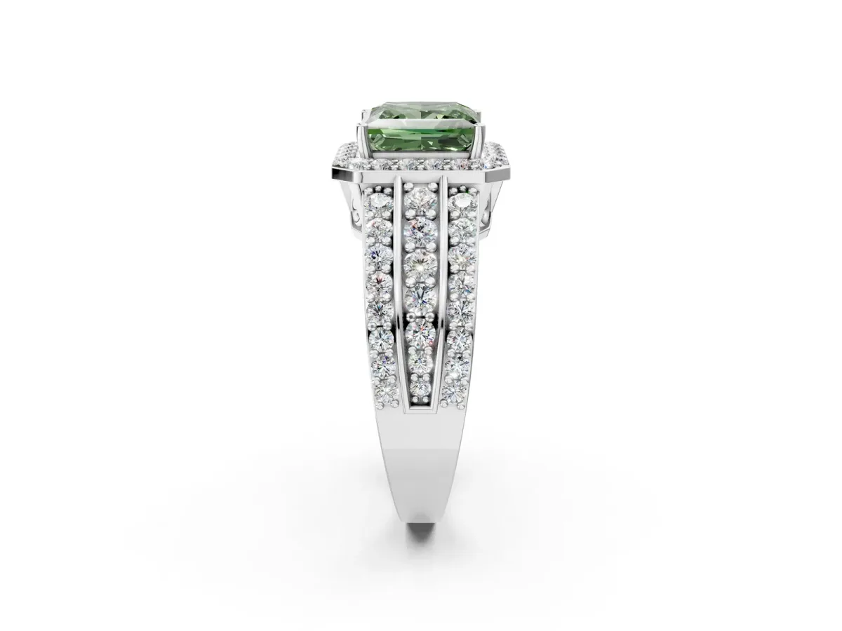 Fancy Green Princess Cut Halo Diamond Ring with Round Split Shank and Prong Setting Silver
