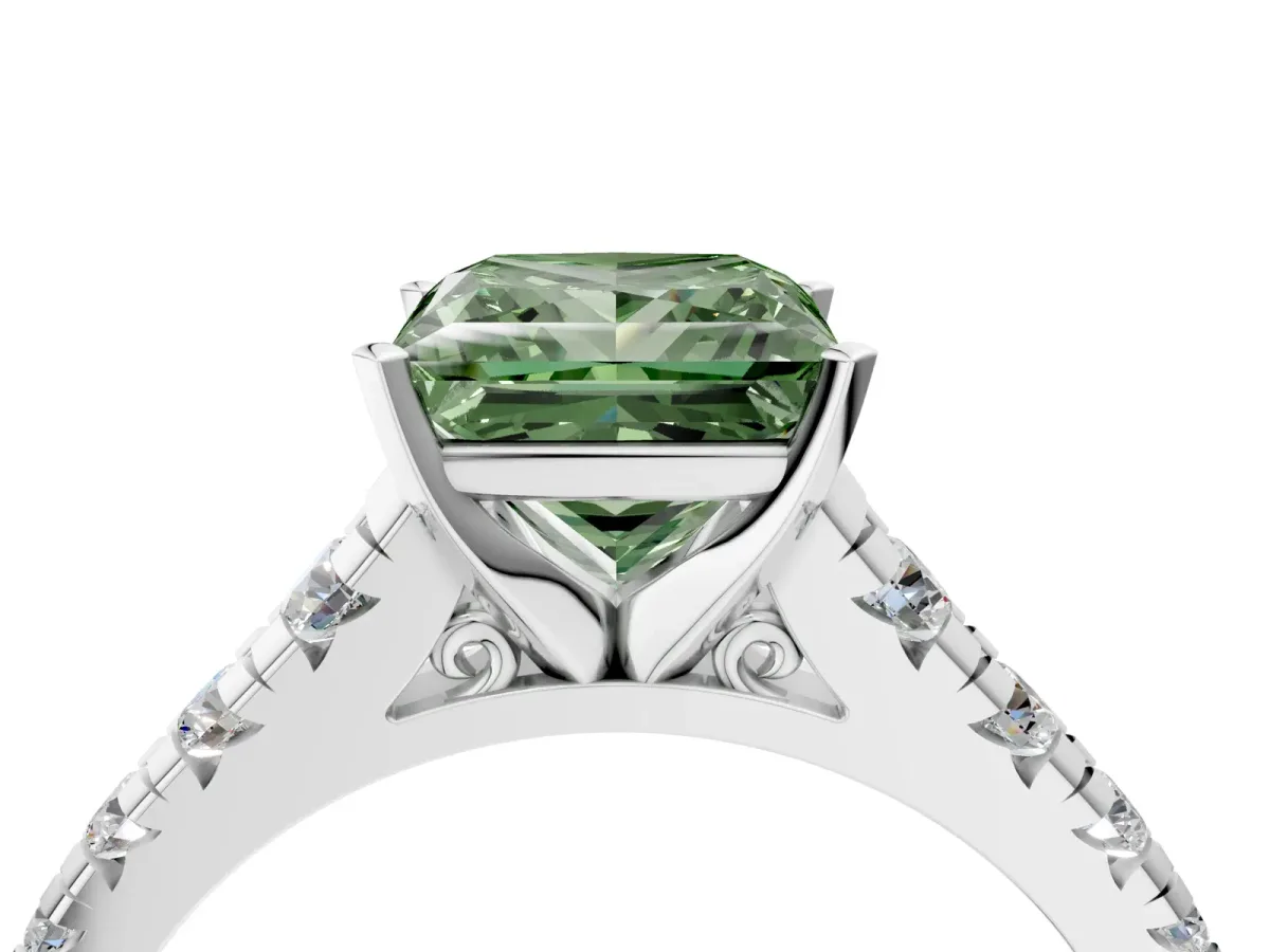 Fancy Green Princess Cut Diamond Cathedral Solitaire Ring with Round Pavé Band Silver
