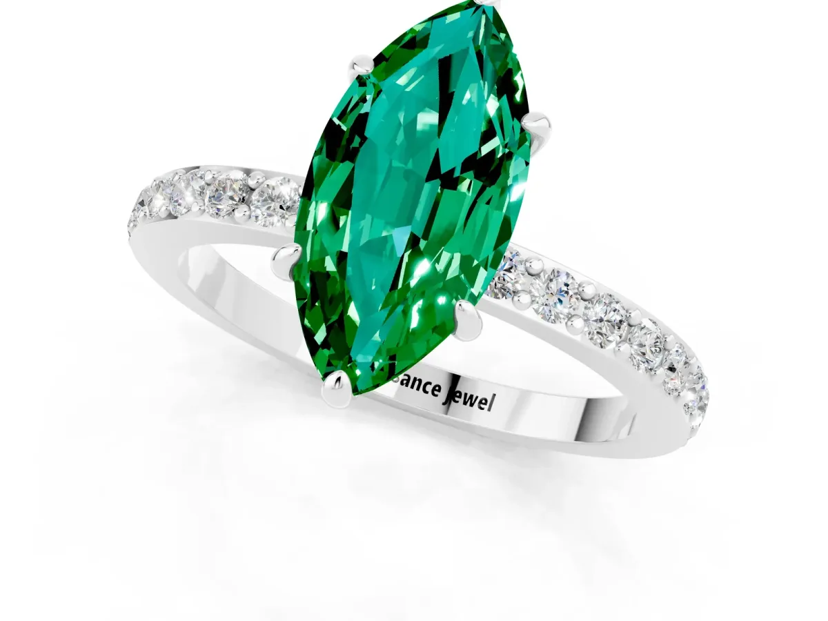 Marquise Cut Emerald Solitaire Engagement Ring with Pavé Band and Four-Prong Setting Silver