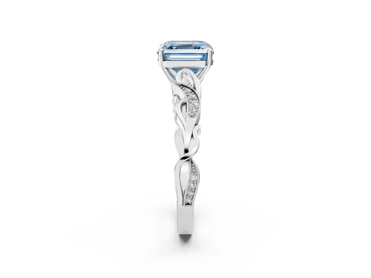 Fancy Blue Asscher Cut Solitaire Vine Band with Milgrain Prong Setting Platinum
