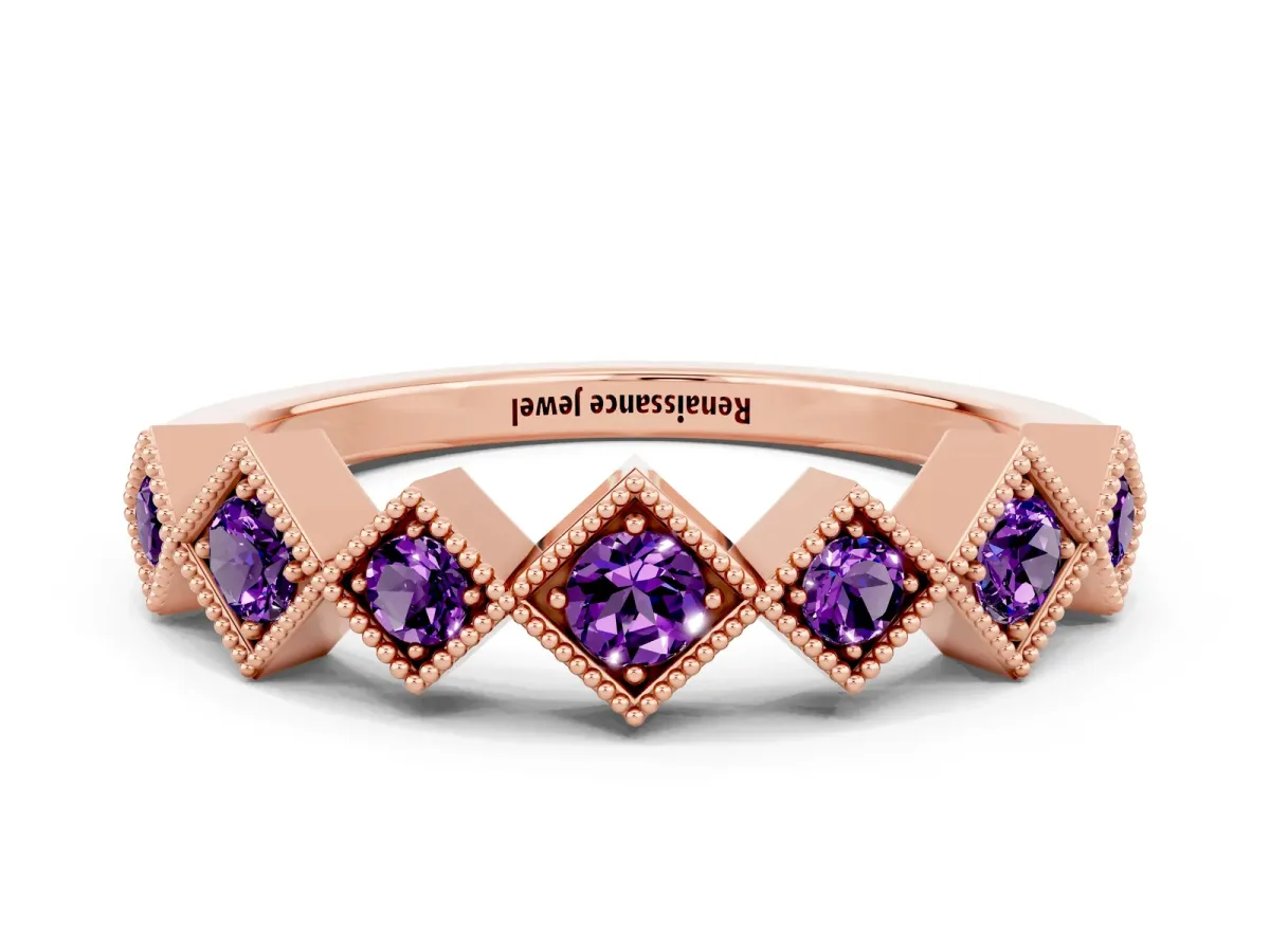 Milgrain Square Bezel Round Amethyst Chevron Band Rose gold