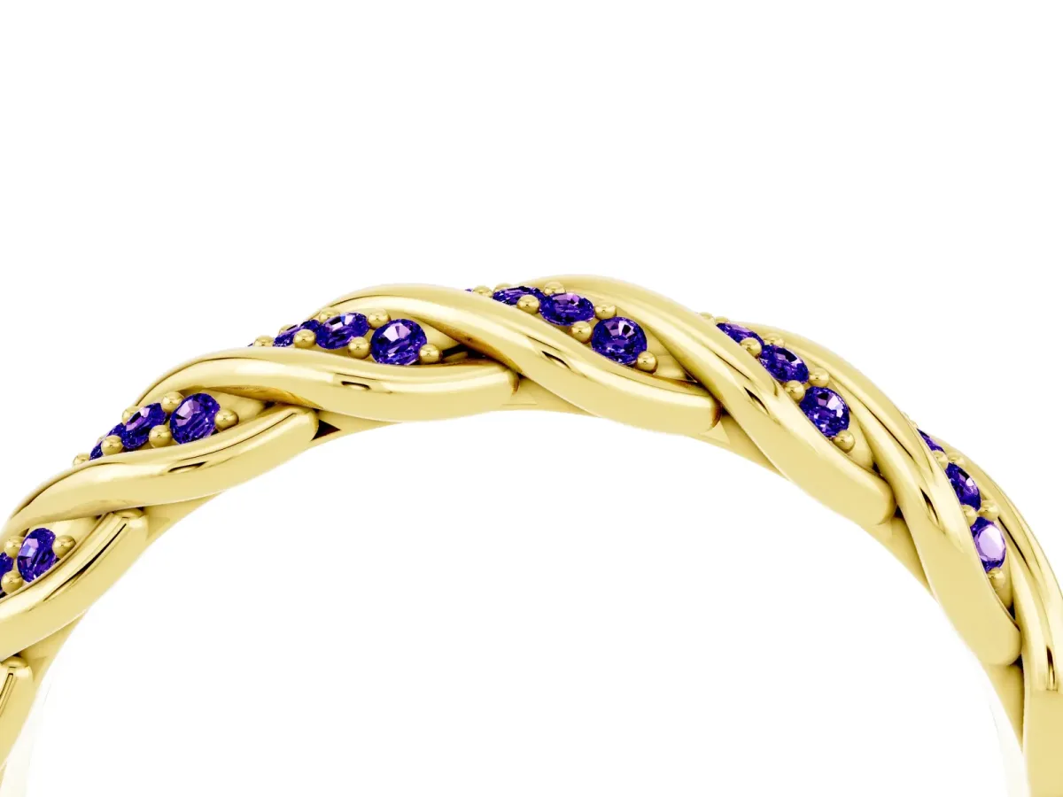 Twisted Pavé Round Tanzanite Eternity Band with Shared Prong Setting Yellow gold