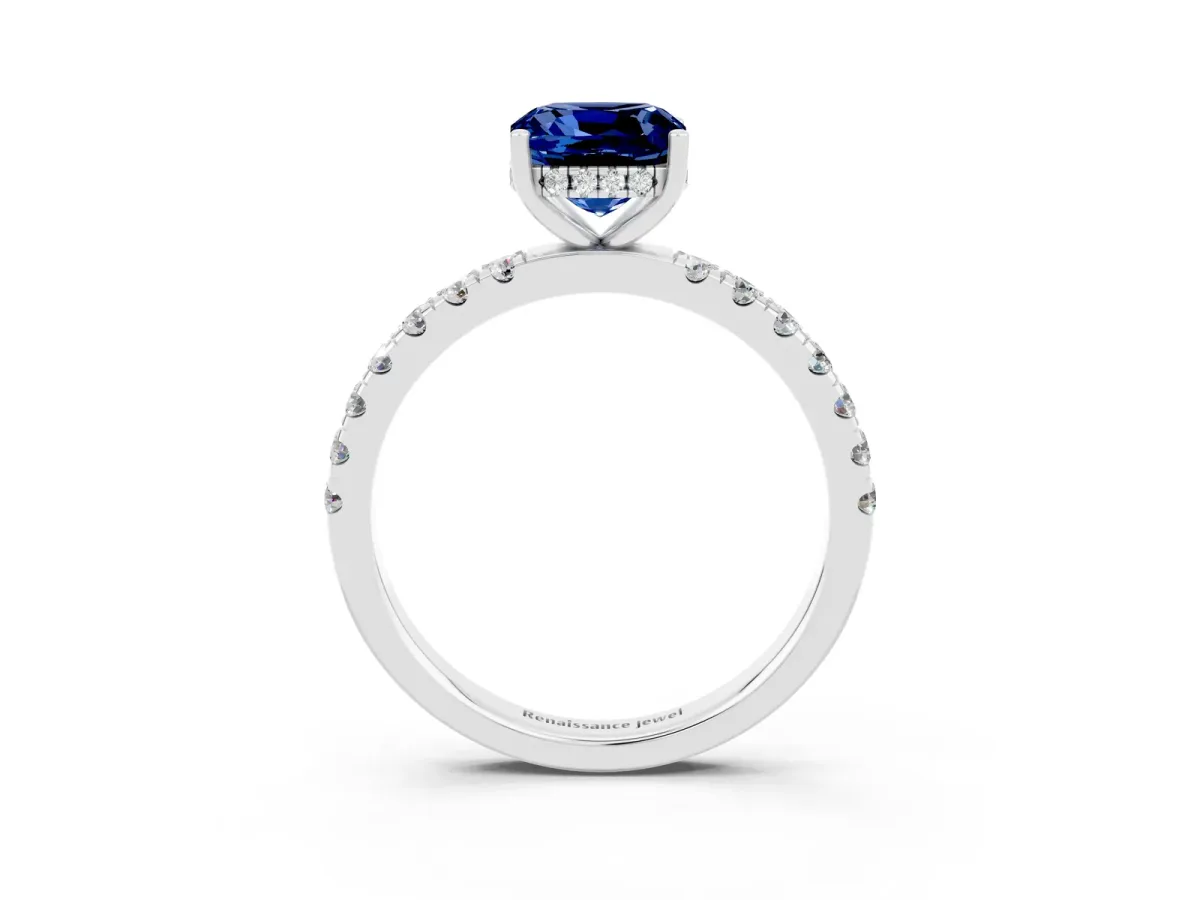 Cushion Cut Blue Sapphire Pave Band Solitaire Ring with Round and Prong Setting Platinum