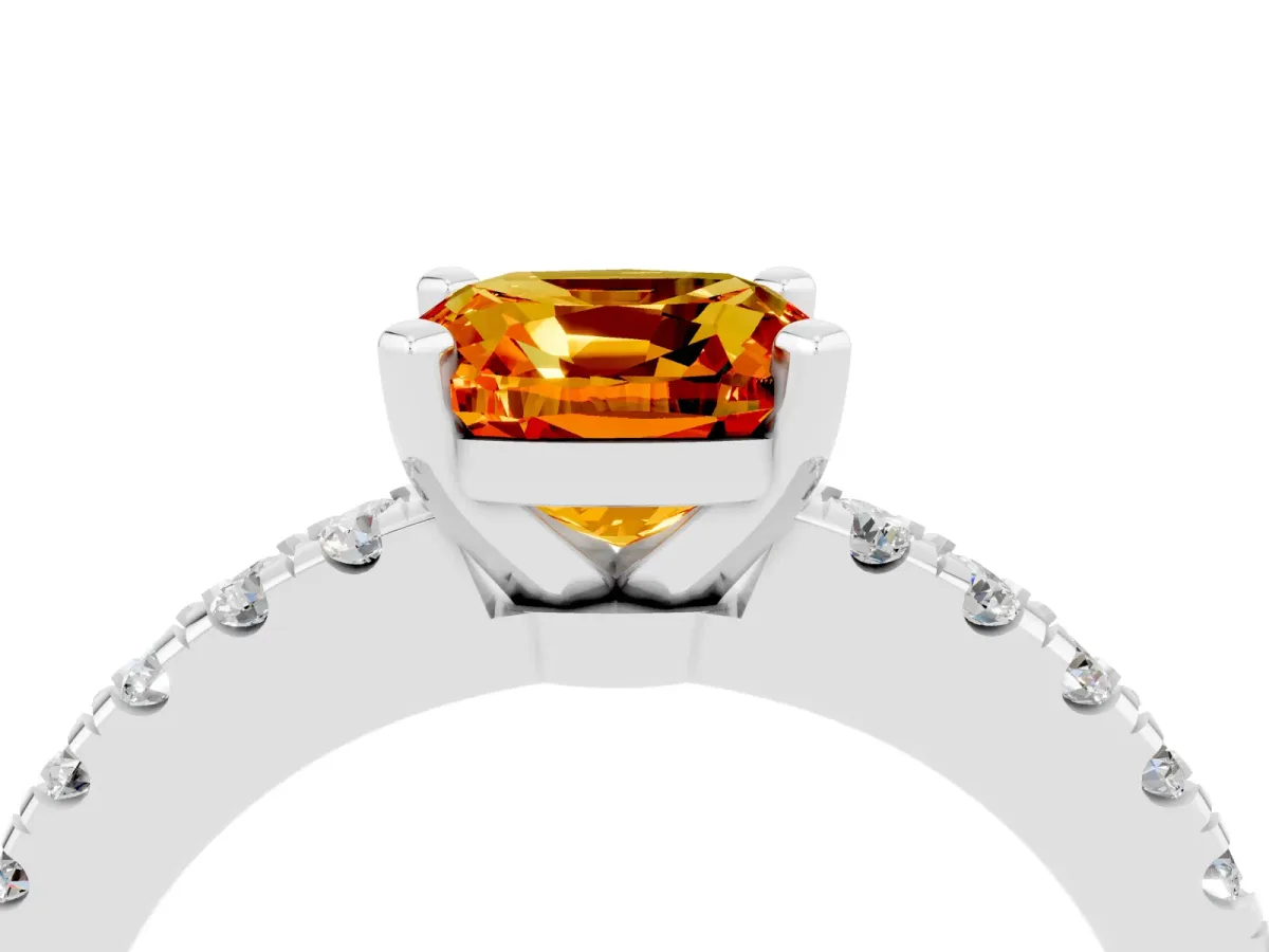 Cushion Cut Solitaire Citrine with Pavé Band and Four-Prong Setting Silver