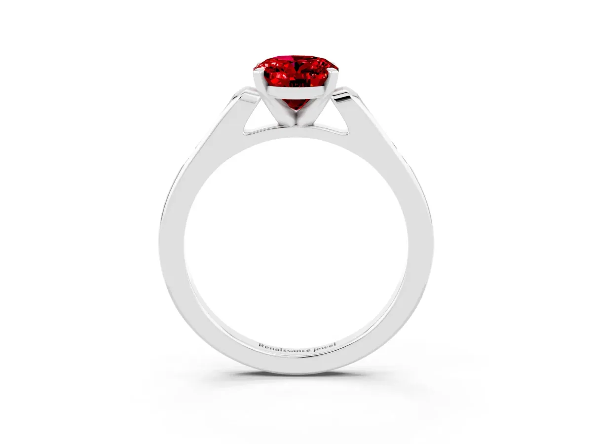 Oval Cut Ruby Solitaire Ring with Channel Set Round Band and Prong Setting Silver