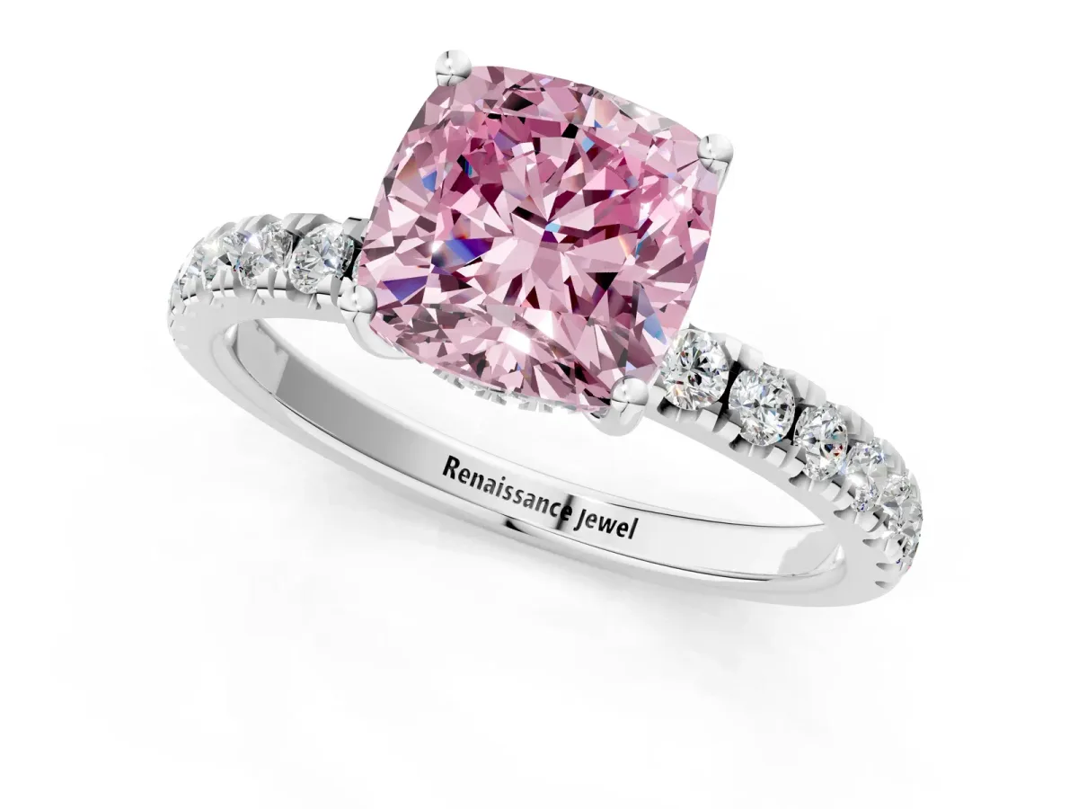 Fancy Pink Cushion Cut Diamond Pave Band Solitaire Ring with Round and Prong Setting Silver