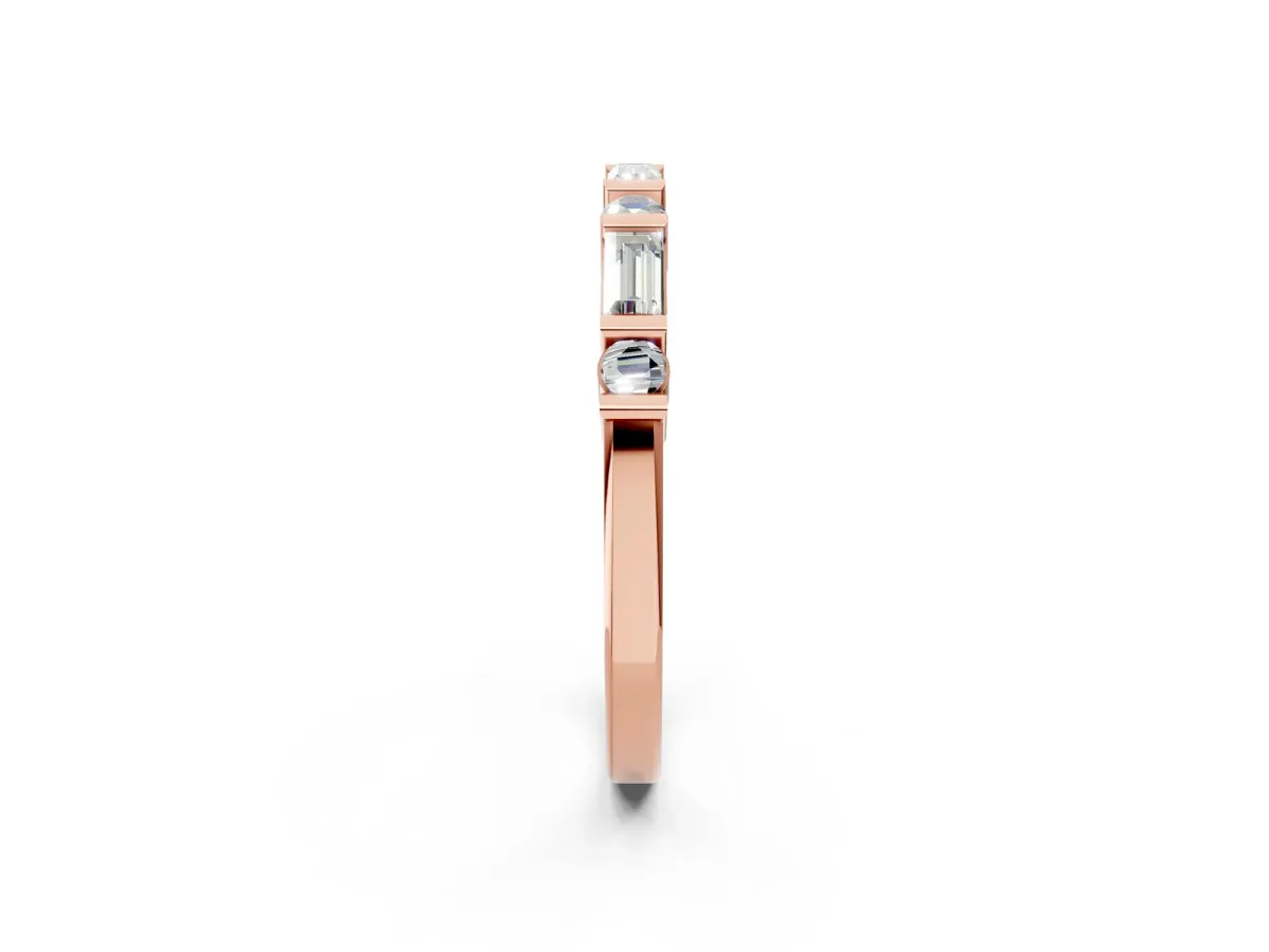 Baguette and Round Diamond Channel Set Half Eternity Band with Bar Prong Setting Rose gold