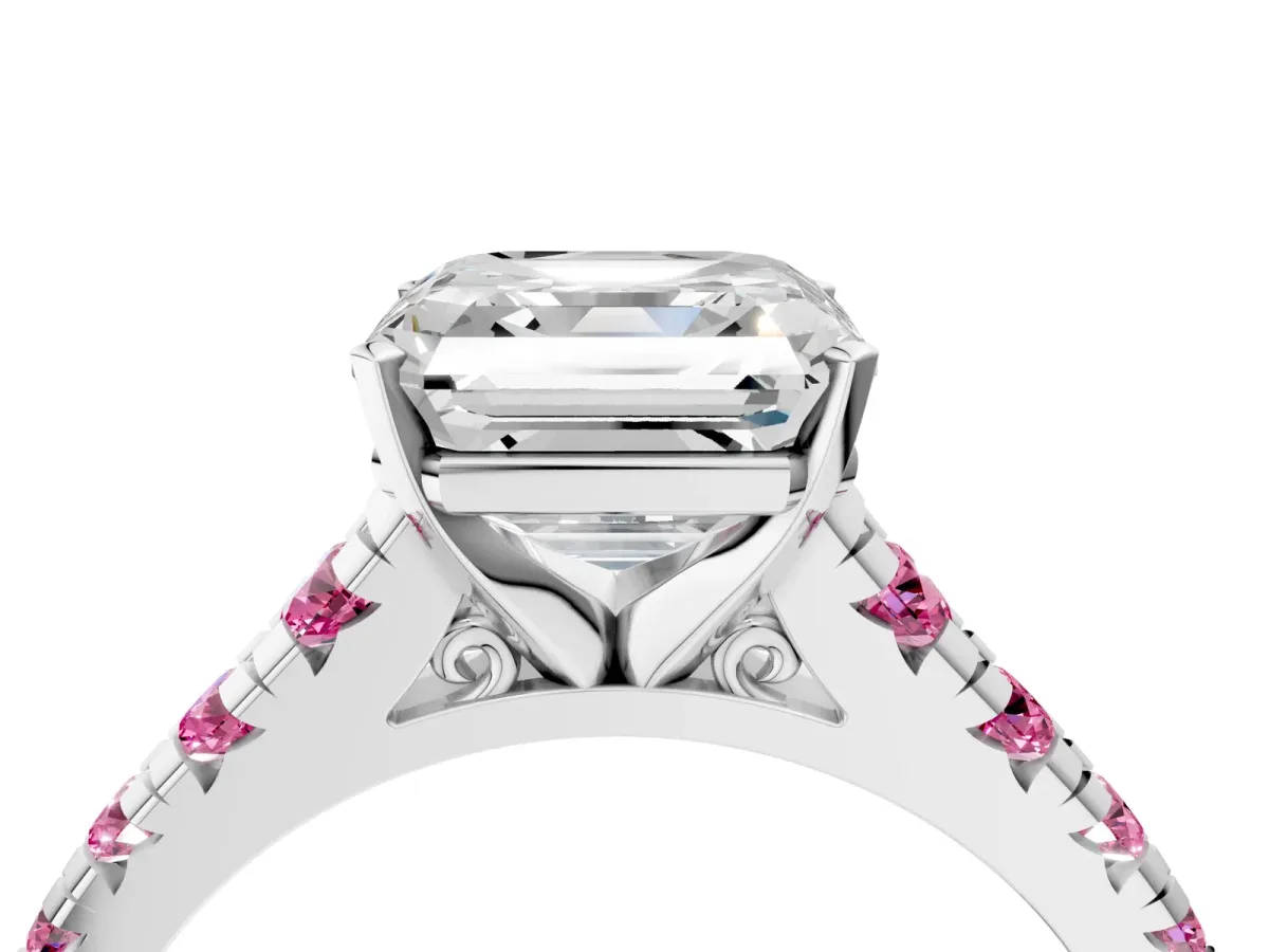 Asscher Cut Diamond Cathedral Solitaire Ring with Round Pink Sapphire Pavé Band Silver