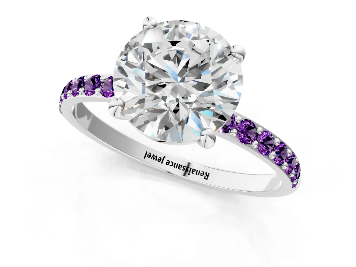 Round Cut Diamond Solitaire Ring with Round Amethyst Pavé Band and Prong Setting Silver