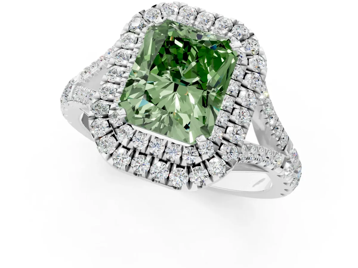 Fancy Green Radiant Cut Diamond Pavé Split Shank Double Halo Engagement Ring Platinum