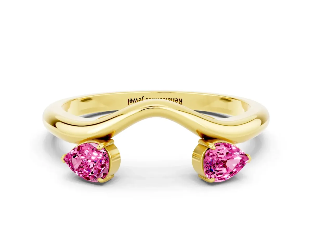 Pear Cut Pink Sapphire Two-Stone Open Band Ring with Prong Setting Yellow gold
