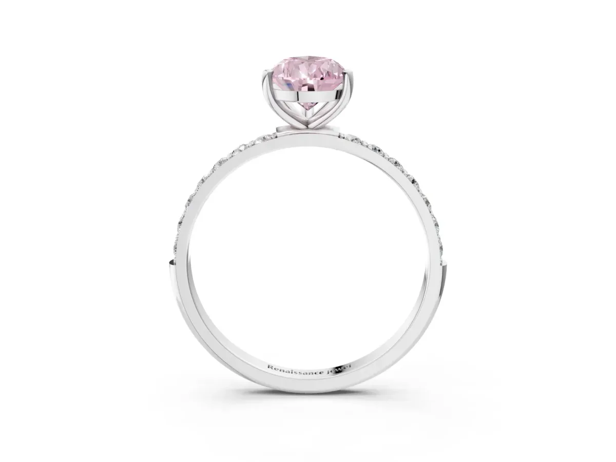 Fancy Pink Pear Cut Diamond Solitaire Ring with Round Pavé Shoulders and Prong Setting White gold