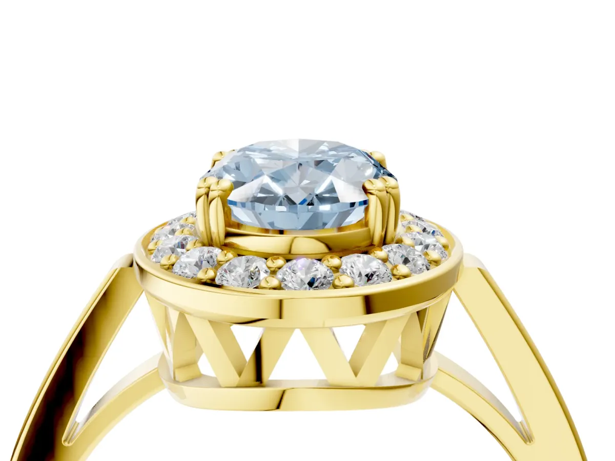 Fancy Blue Oval Cut Diamond Halo Ring with Split Shank and Four-Prong Setting Yellow gold