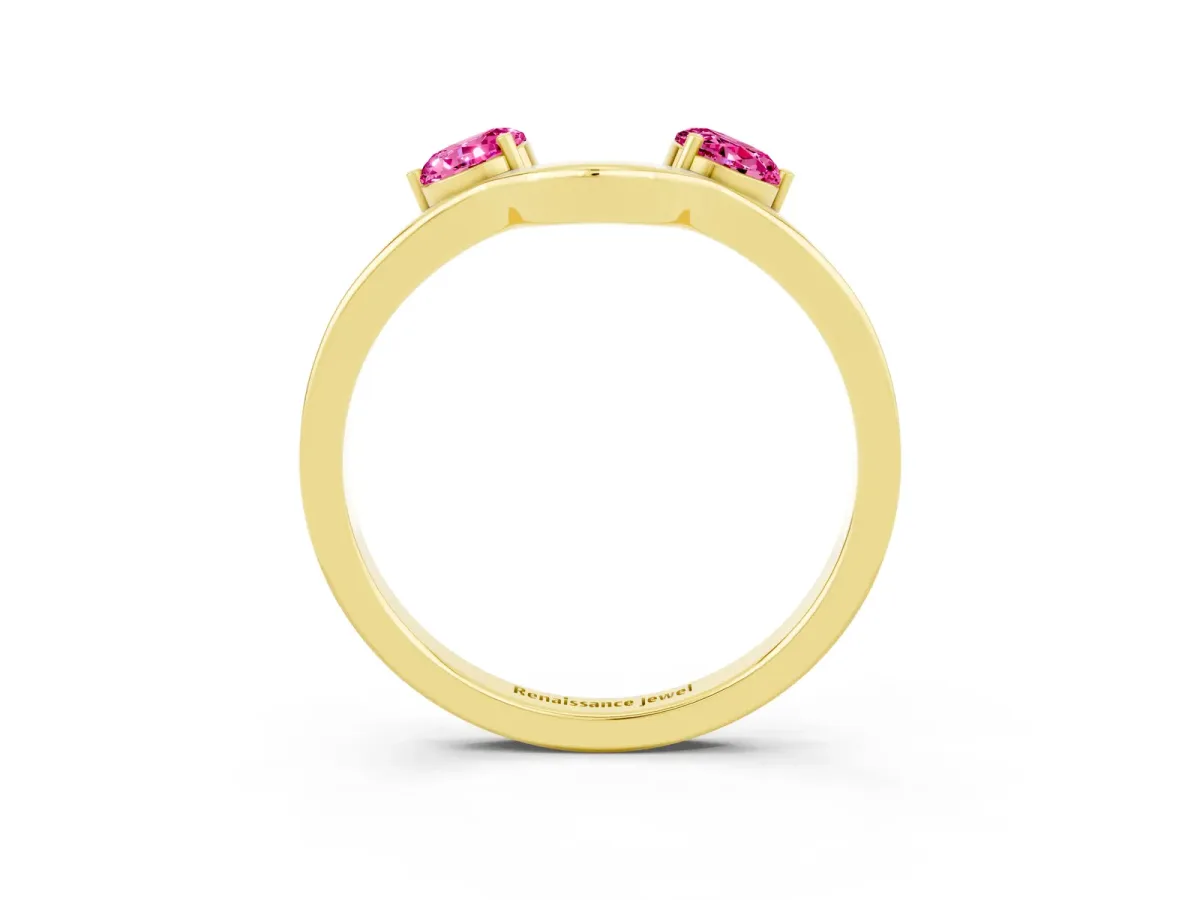 Dual Round Pink Sapphire Open Band Ring with Prong Setting Yellow gold