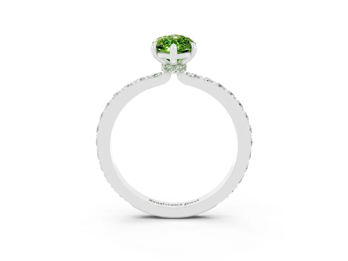 Marquise Cut Peridot Solitaire Engagement Ring with Pavé Band and Four-Prong Setting Silver