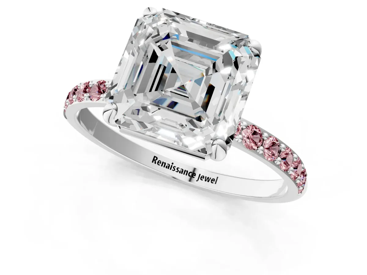Asscher Cut Diamond Solitaire Ring with Round Morganite Pavé Band and Prong Setting Silver
