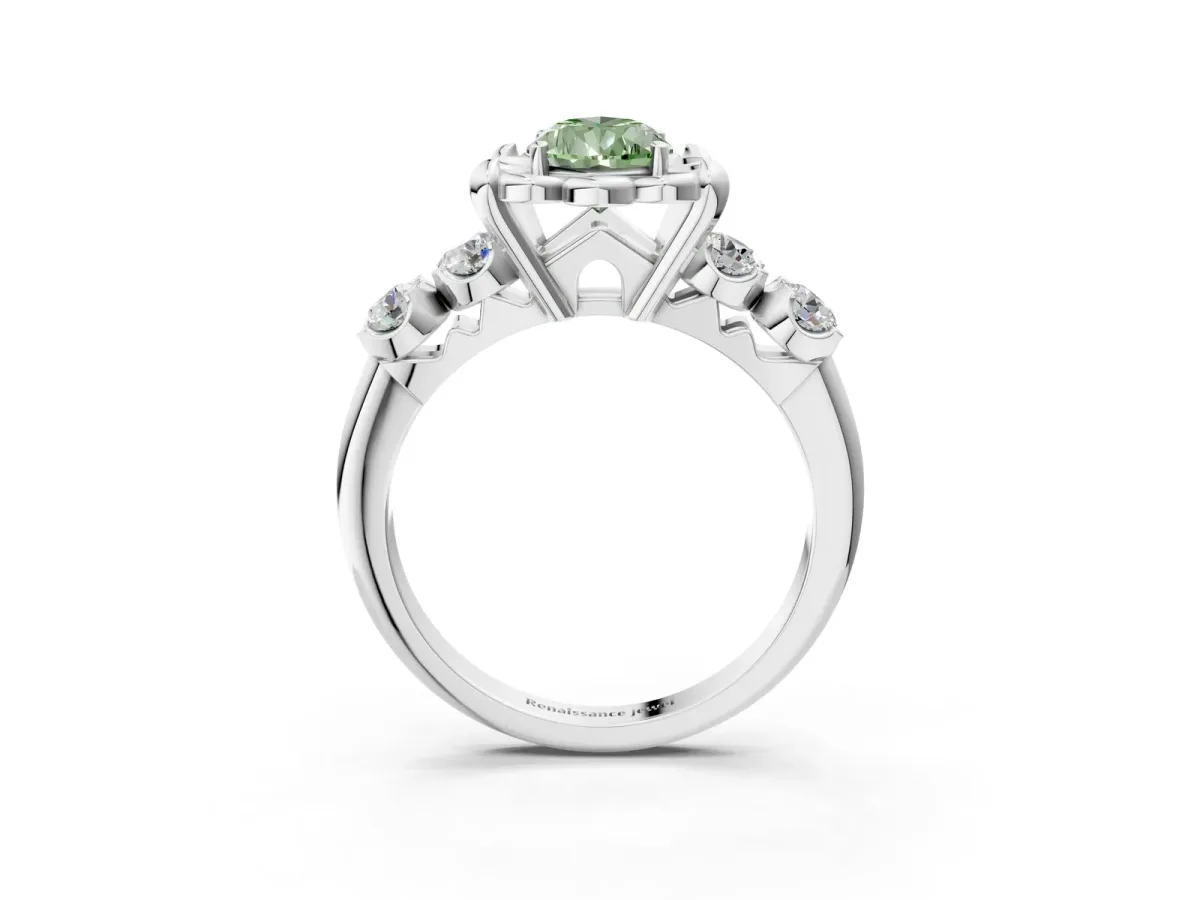 Fancy Green Pear Cut Cut Diamond Floral Halo Engagement Ring with Shared Prong Setting Silver