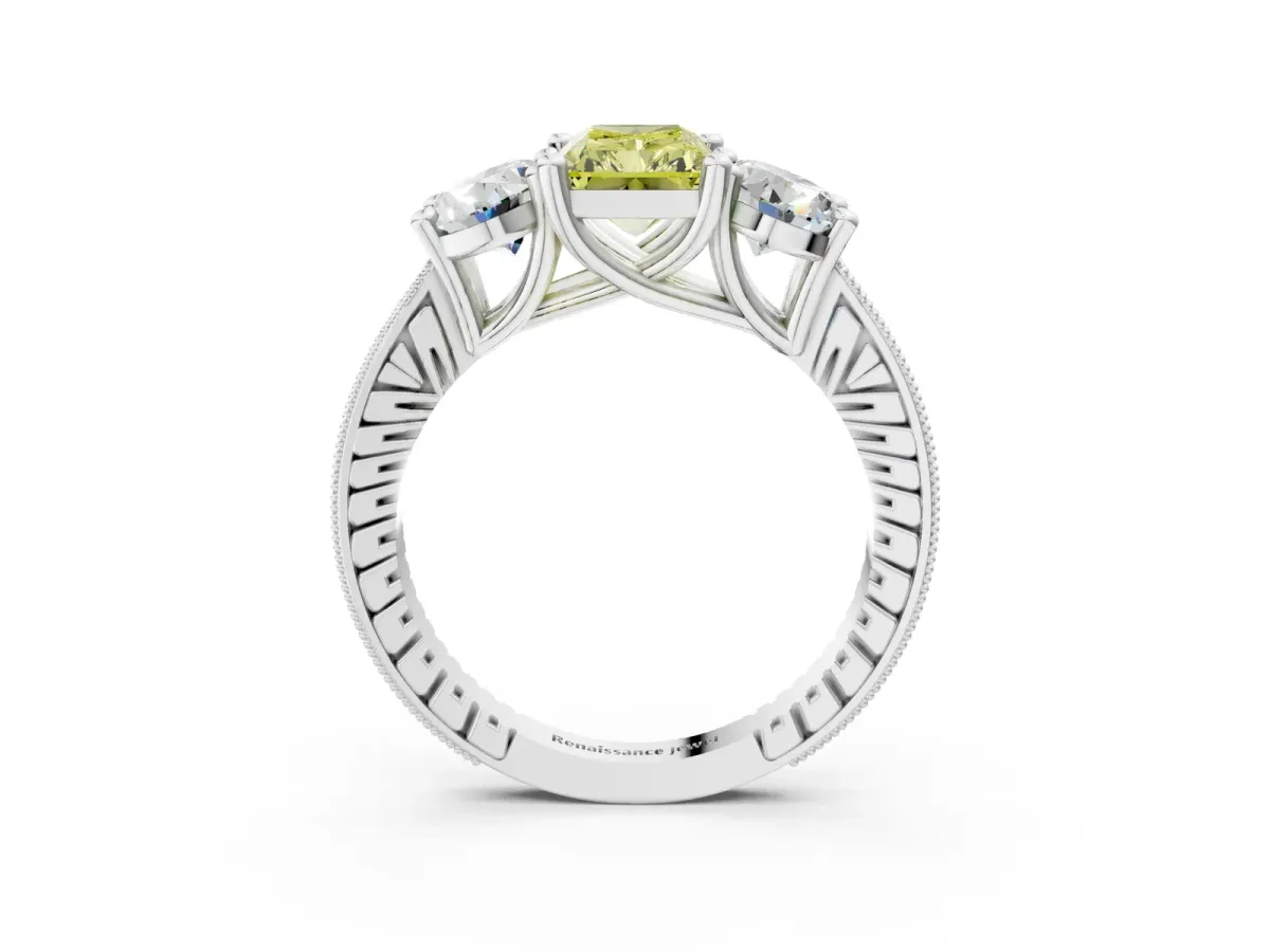 Fancy Yellow Three-Stone Radiant Cut Diamond Milgrain Pave Band with Prong Setting Platinum