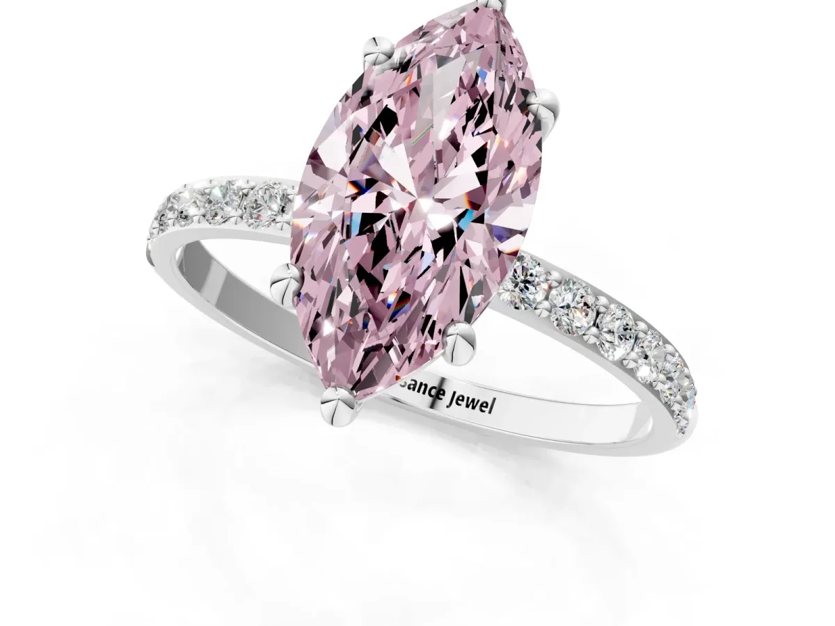 Fancy Pink Marquise Cut Diamond Solitaire Ring with Round Pavé Band and Prong Setting Silver