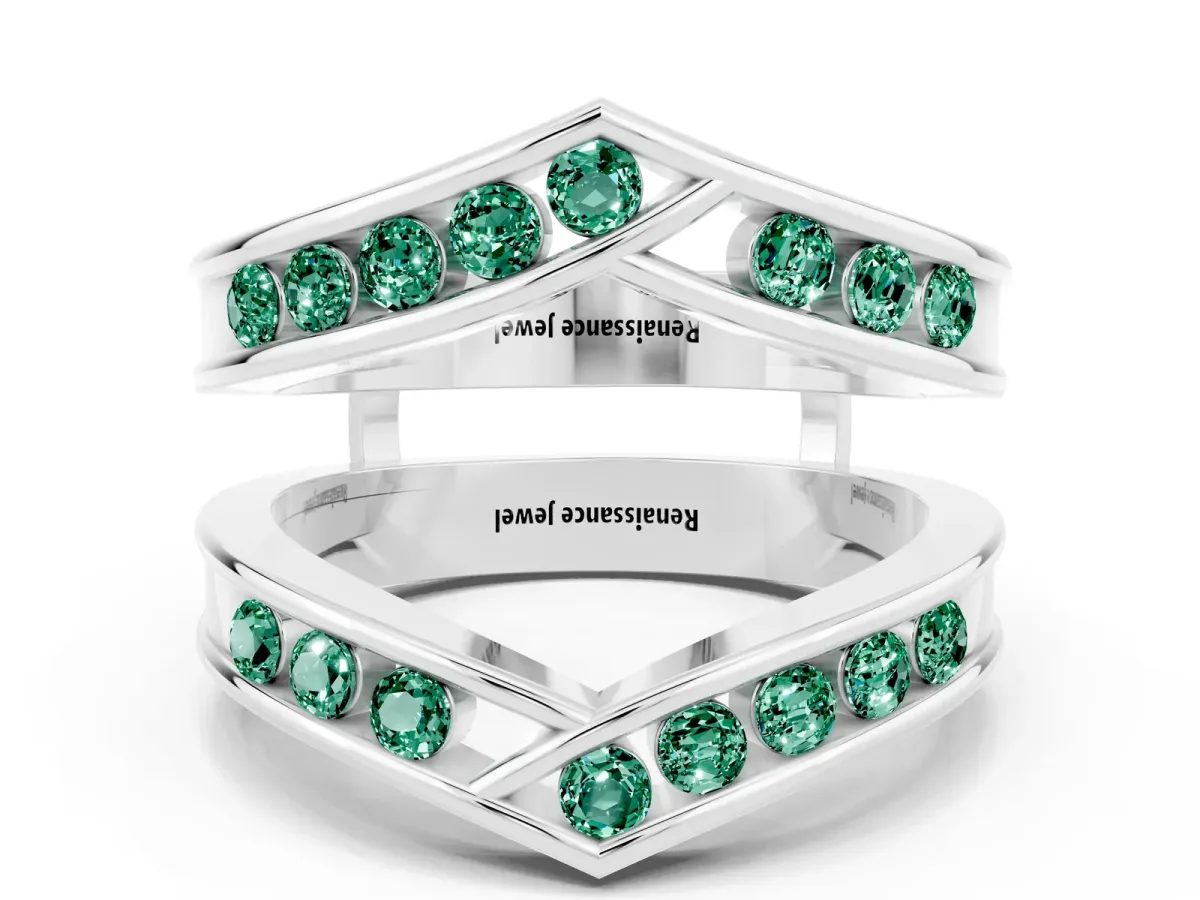 Round Green Sapphire Channel-Set Chevron Band White gold