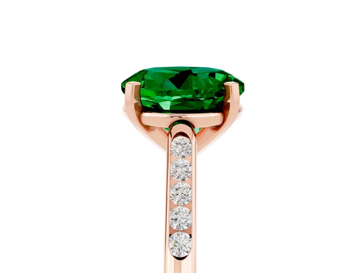 Round Cut Emerald Solitaire Ring with Channel Set Round Band and Prong Setting Rose gold
