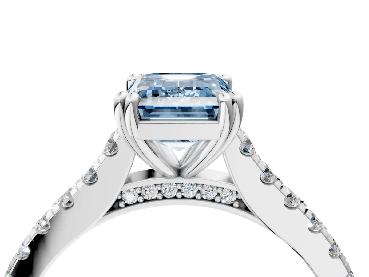 Fancy Blue Emerald Cut Solitaire Pave Diamond Engagement Ring with Prong Setting White gold