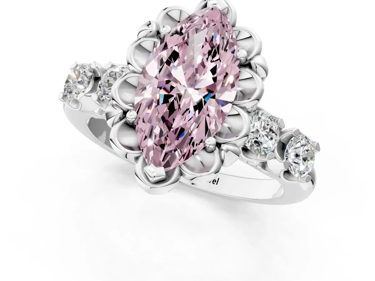Fancy Pink Marquise Cut Cut Diamond Floral Halo Engagement Ring with Shared Prong Setting Silver