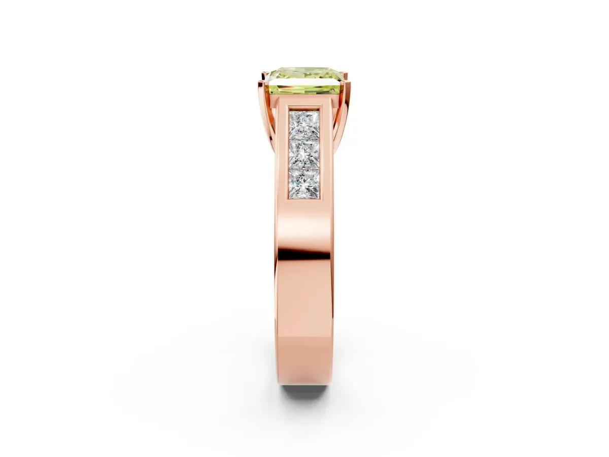 Fancy Yellow Princess Cut Cut Channel Set Solitaire Ring with Four-Prong Setting Rose gold