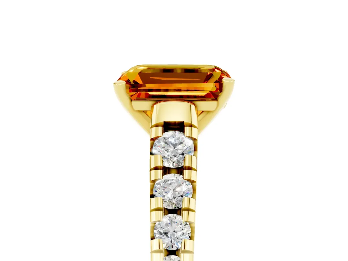 Emerald Cut Citrine Cathedral Solitaire Ring with Round Pavé Band Yellow gold