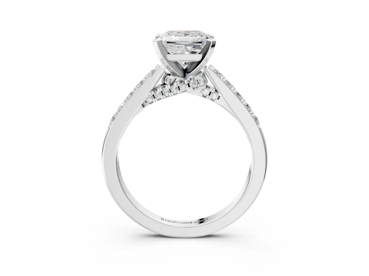 Princess Cut Diamond Solitaire Ring with Crossover Gallery and Round Pavé Band Silver
