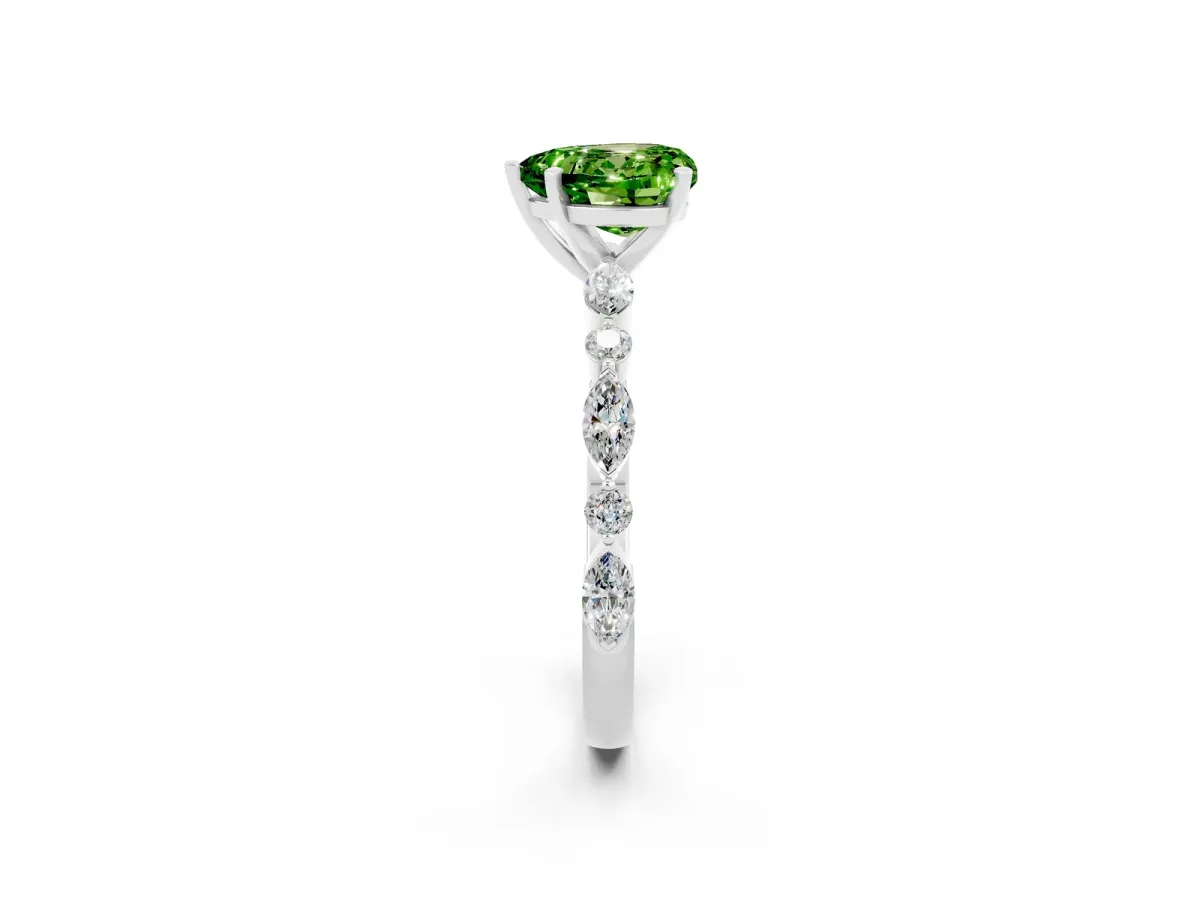 Heart Cut Peridot Ring with Marquise and Round Side Stones and Four-Prong Setting Silver