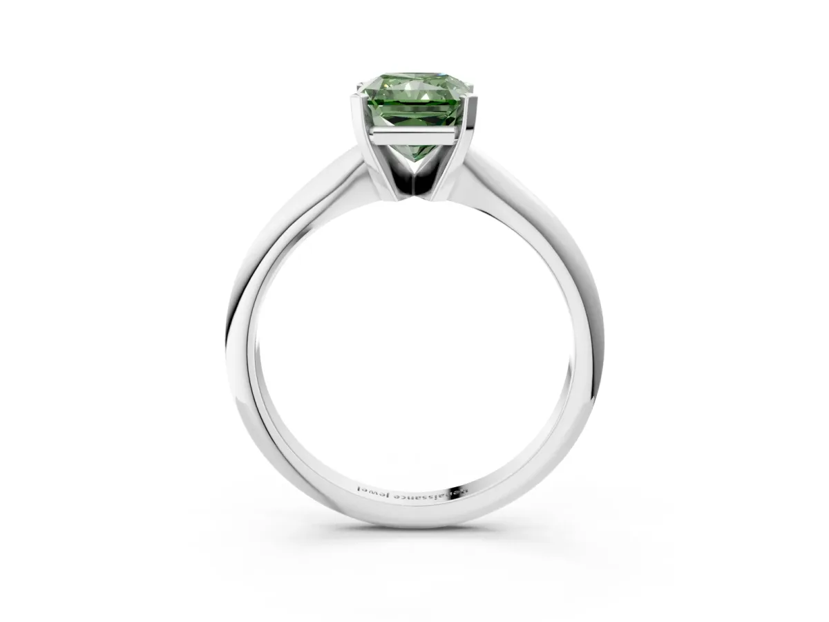 Fancy Green Radiant Cut Cut Solitaire Ring with Four-Prong Setting on a Classic Band Platinum