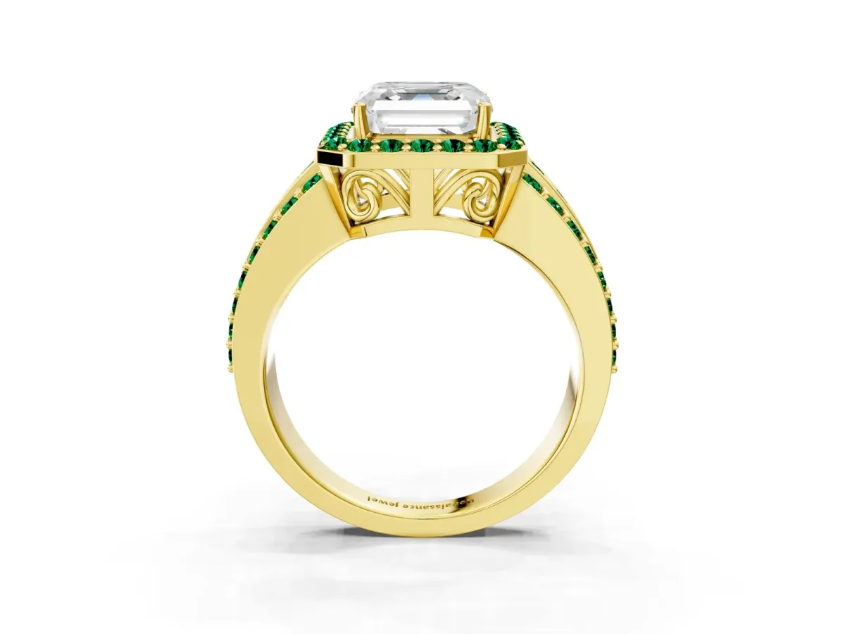 Asscher Cut Halo Diamond Ring with Round Emerald Split Shank and Prong Setting Yellow gold
